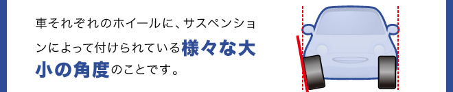 車それぞれのホイールに、サスペンションによって付けられている様々な大小の角度のことです。